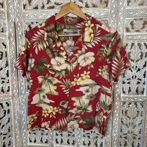 Sunset Cove Hawaiian Shirt PL Womens Red Yellow Hibiscus Button Up Short Sleeve
